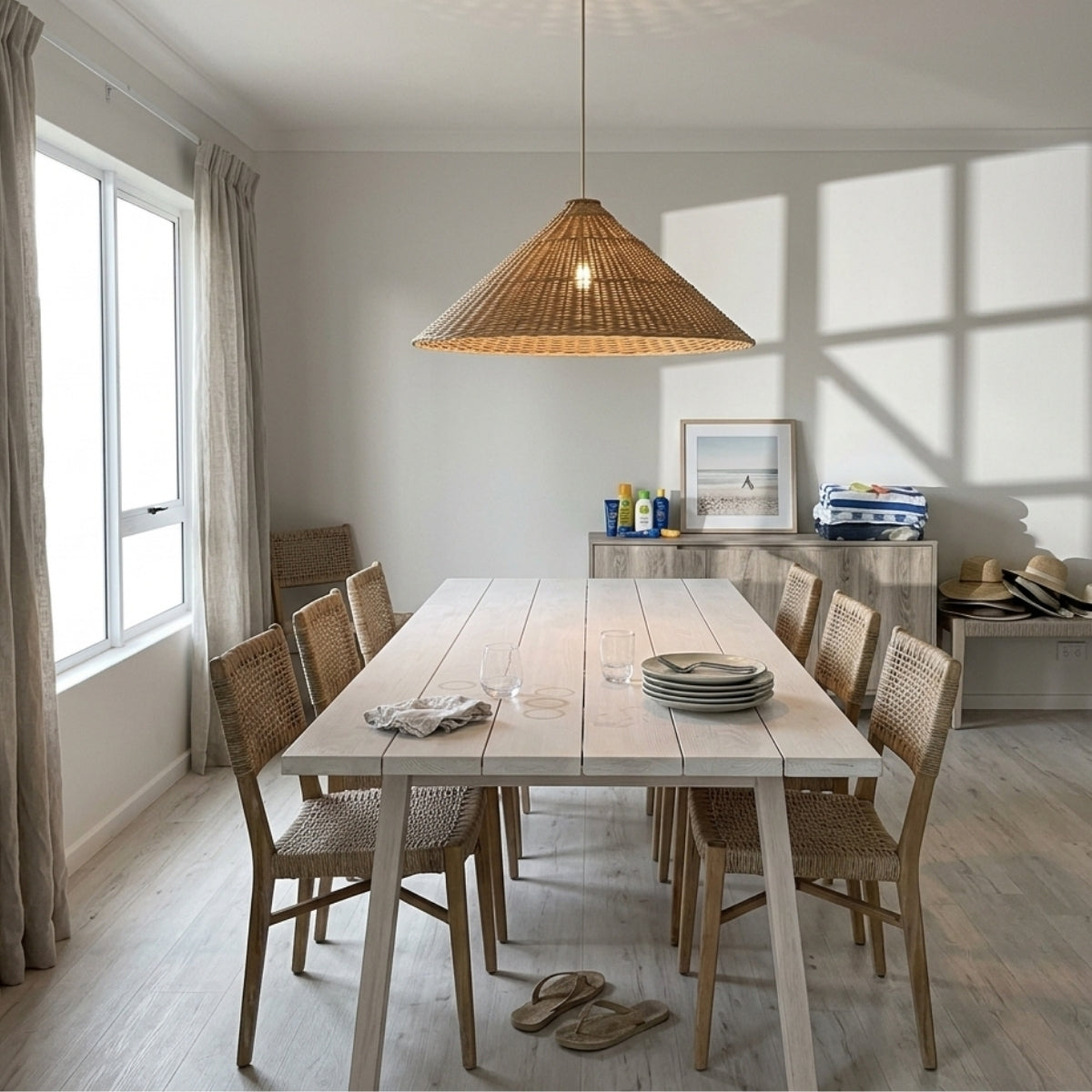 Carter Cone Woven Wicker Rattan Pendant Light above dining table, wide cone covering the tabletop without crowding sightlines across the surface