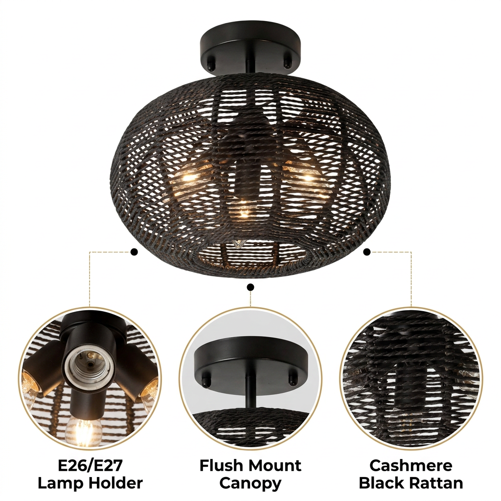 Cashmere Black Round Rattan Light Fixture flush mount with dense basketweave, black matte finish, zero-drop ceiling mount, one E26 socket for diffused ambient light