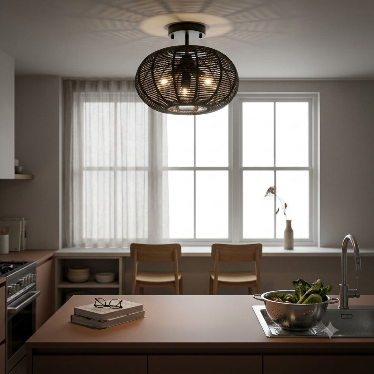 Cashmere Black Round Rattan Light Fixture over kitchen island, clustered domes with tight weave concentrating even light across the prep counter surface