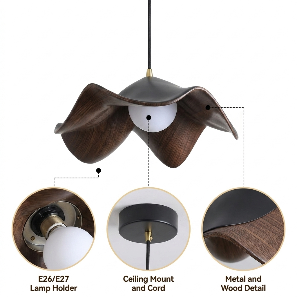Casia Lotus Wabi Sabi Wood Pendant Light with molded faux-wood wave shade, black and white matte exterior, adjustable cord hanging, one E26 socket for warm glow