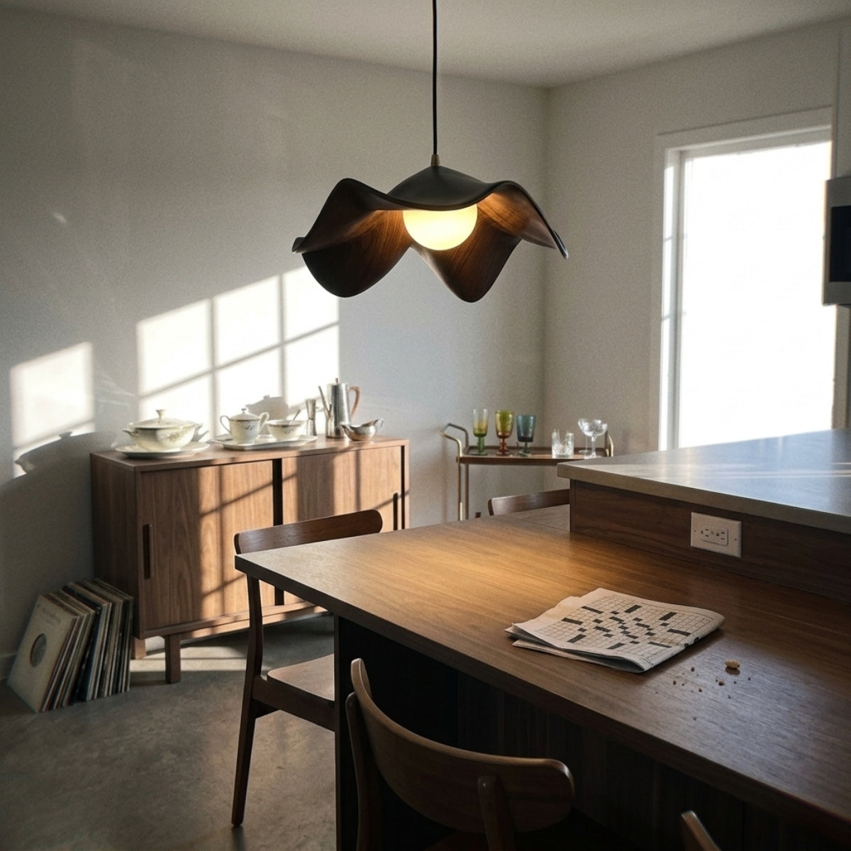 Casia Lotus Wabi Sabi Wood Pendant Light over kitchen island, clustered pendants set evenly apart lighting the work surface for prep tasks