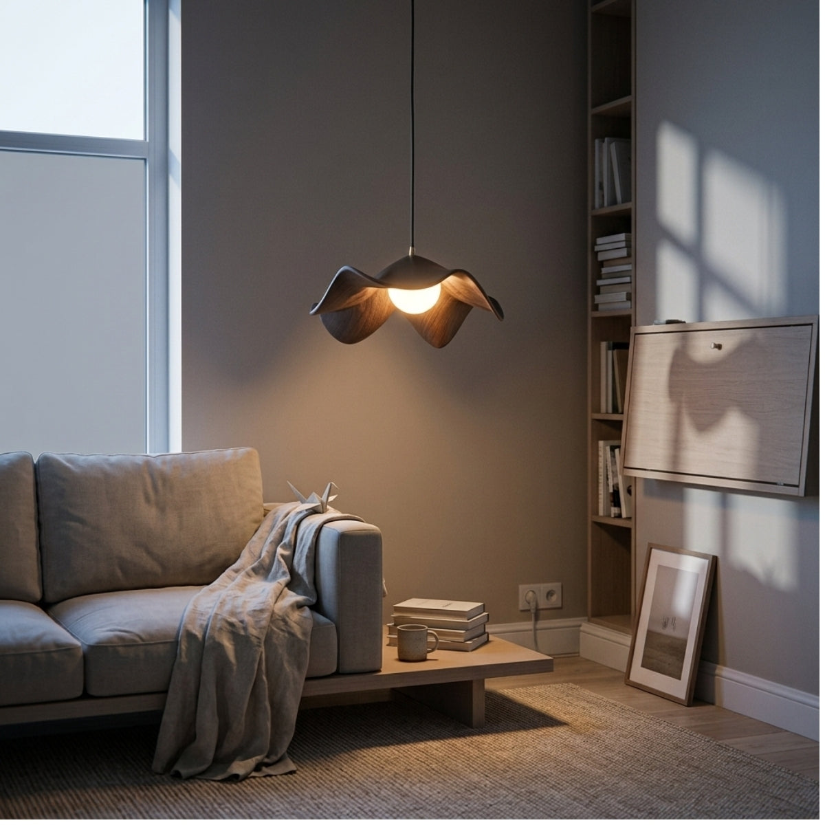 Casia Lotus Wabi Sabi Wood Pendant Light in living room, molded wave form standing out as a centerpiece over the sofa and coffee table