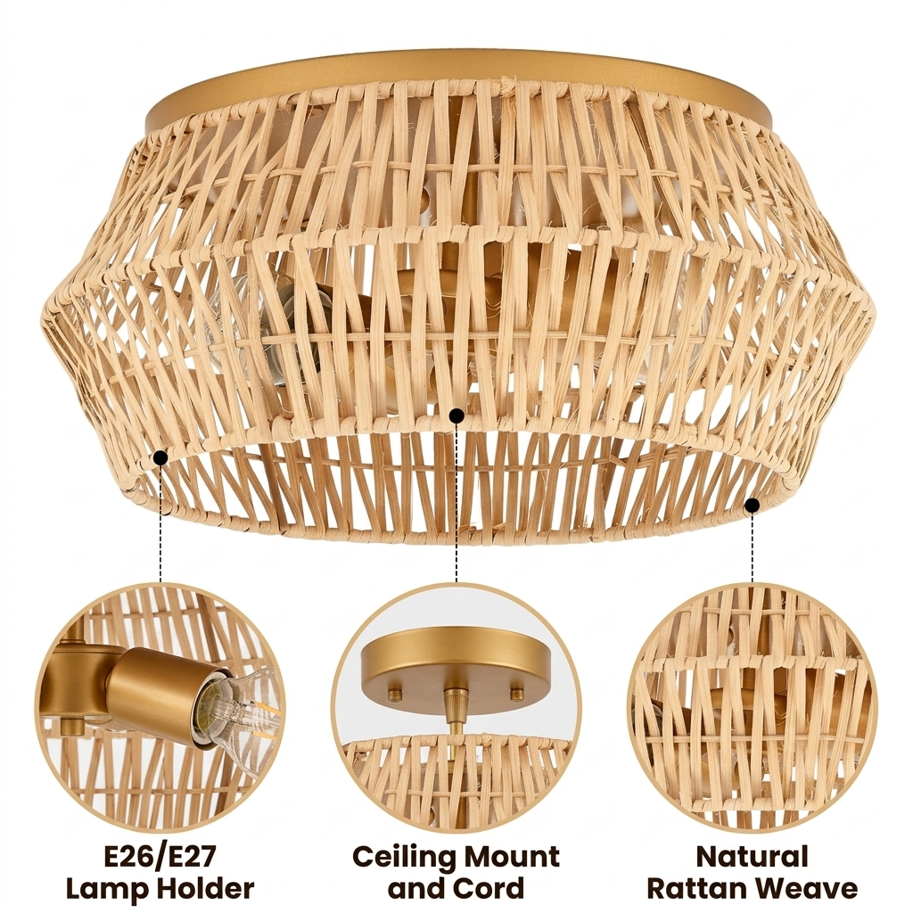 Cattleya Boho Rattan Ceiling Light with diamond lattice rattan weave, natural matte finish, flush ceiling mount, one E26 socket casting rippling ambient shadow