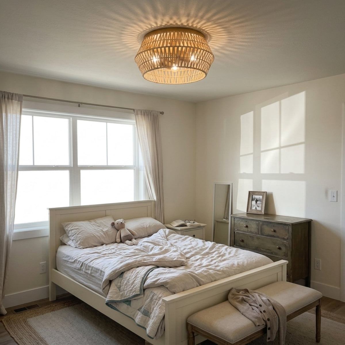 Cattleya Boho Rattan Ceiling Light in bedroom, diamond lattice giving a soft wash over the nightstand instead of a bare bulb glare
