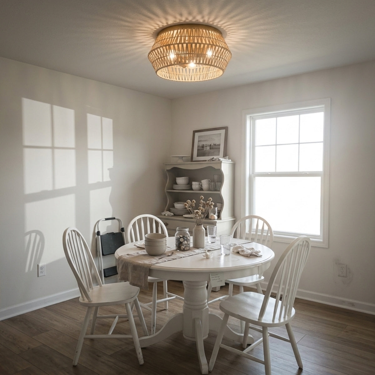 Cattleya Boho Rattan Ceiling Light above dining table, flush shade throwing light down and out across the tabletop without eye-level glare