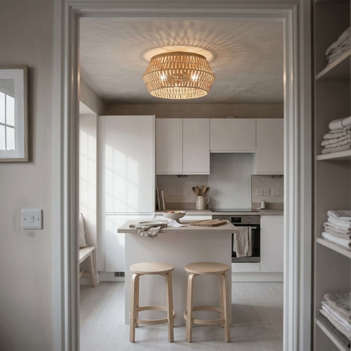 Cattleya Boho Rattan Ceiling Light over kitchen island, clustered shades each throwing lattice-filtered light for prep work without blocking sightlines