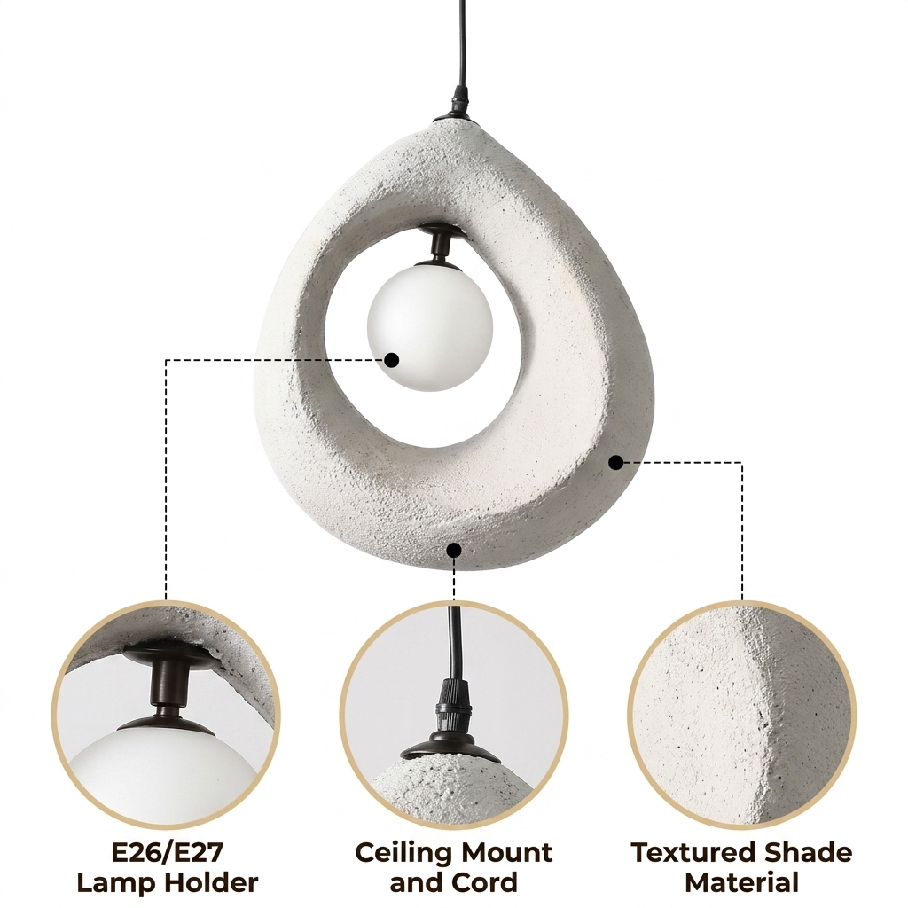 Cave Surround Wabi Sabi Pendant Light with ribbed cave-textured surround, white and black matte finish, adjustable cord hanging, one E26 socket for warm downward glow