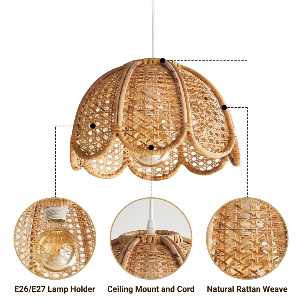 Cayla Boho Rattan Pendant Light with scalloped diamond cane weave, natural matte finish, flush ceiling mount, one E26 socket casting delicate rippling shadow patterns