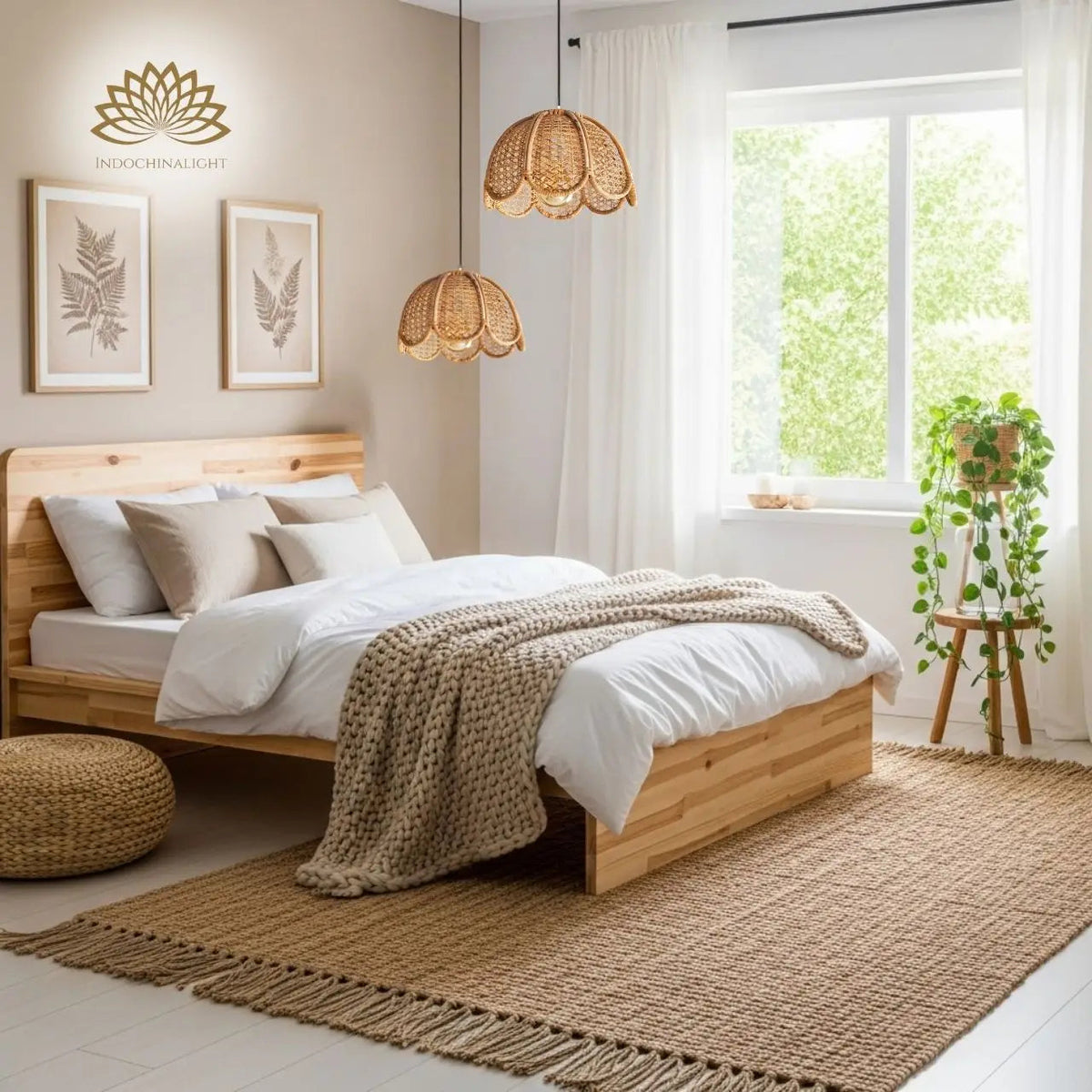 Cayla Boho Rattan Pendant Light in bedroom, compact scallop dome sitting beside the bed with an intimate close glow instead of a lamp