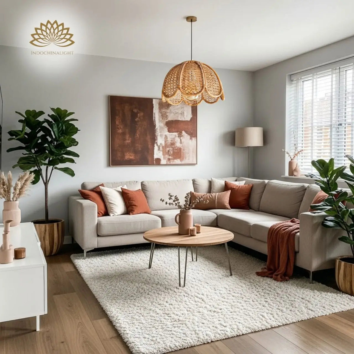 Cayla Boho Rattan Pendant Light in living room, scalloped dome reading as a centerpiece over the seating area on an 8-9 ft ceiling