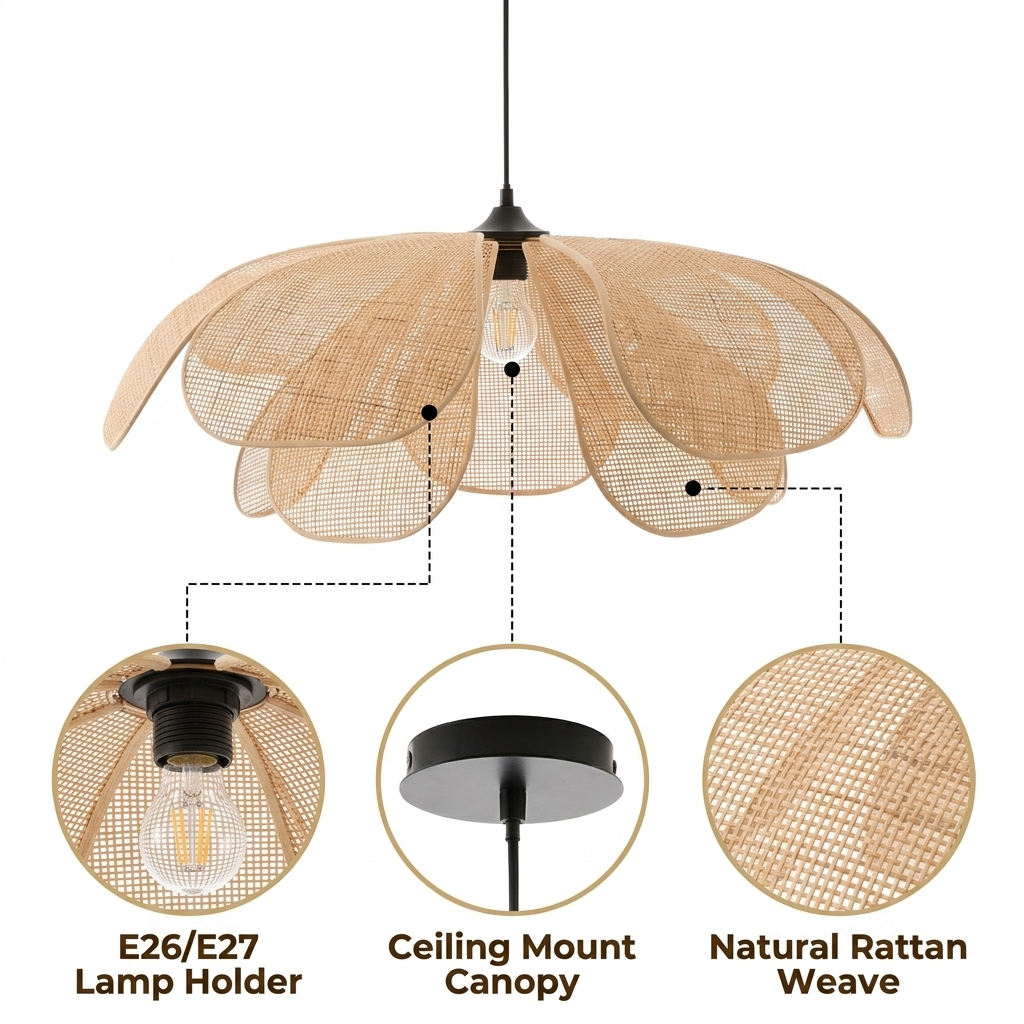 Cefalu Extra Large Rattan Petal Pendant Light with overlapping curved petal weave, natural matte finish, adjustable cord hanging, one E26 socket for soft ambient glow
