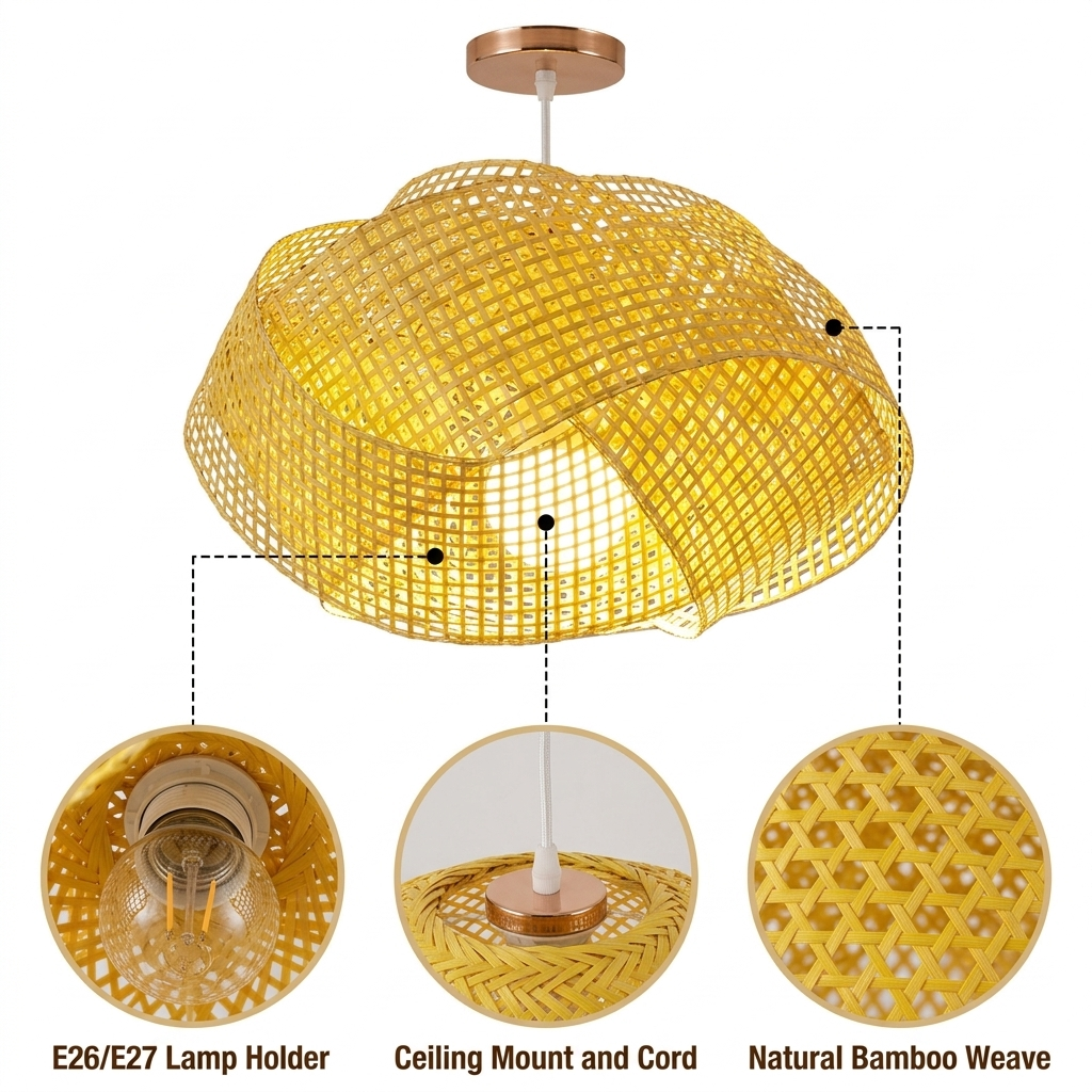 Chaner Single Woven Bamboo Pendant Light Shade with open-grid looping bamboo weave, natural matte finish, adjustable cord hanging, one E26 socket for rippling ambient shadow