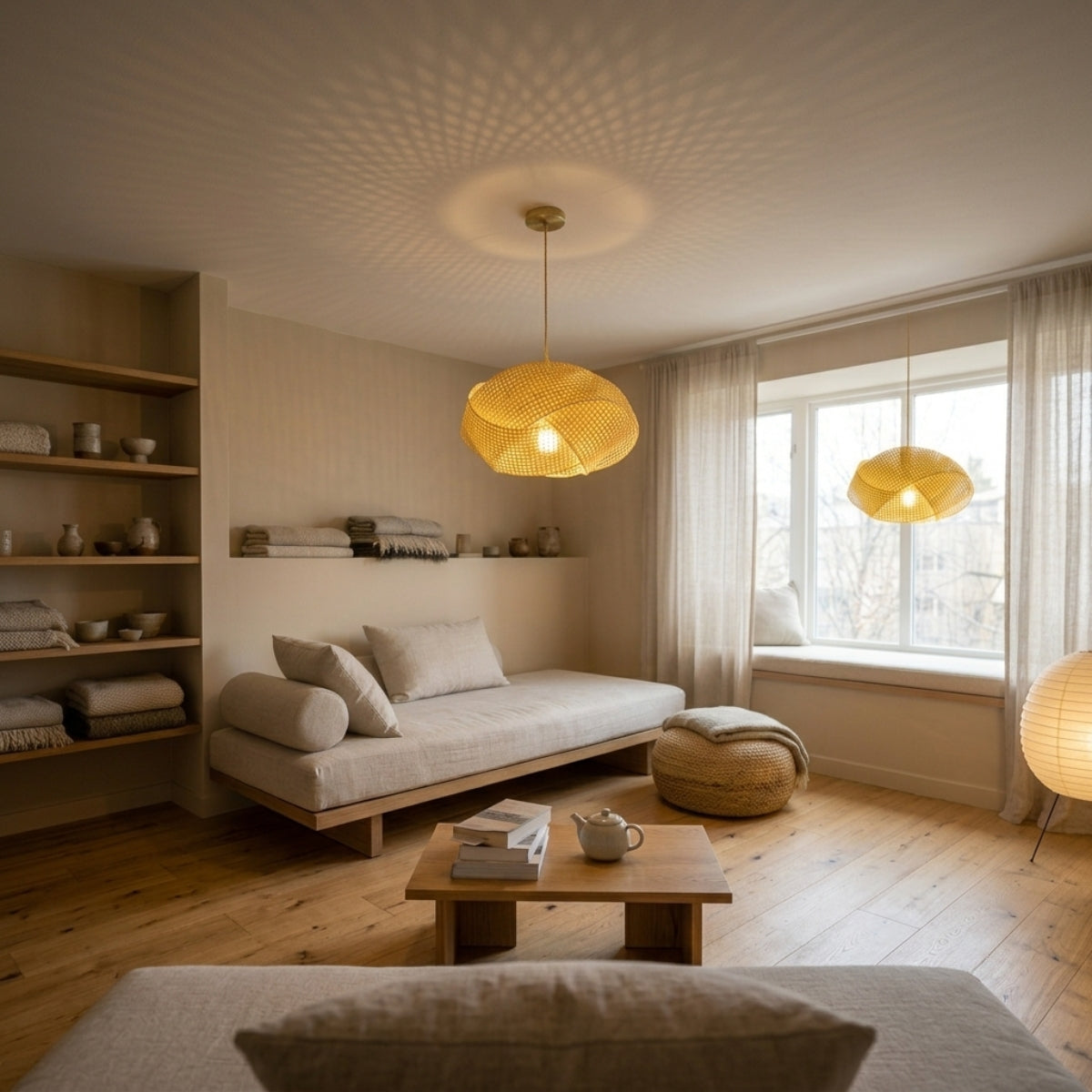 Chaner Single Woven Bamboo Pendant Light Shade in living room, looped bamboo bands casting shadow patterns on the ceiling above the coffee table