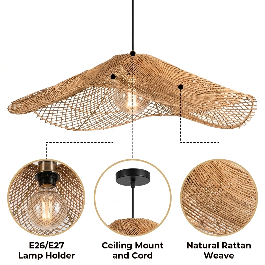 Chapeau Modern Rattan Ceiling Light with open lattice wave-leaf weave, natural matte finish, adjustable cord hanging, one E26 socket casting delicate rippling shadow patterns