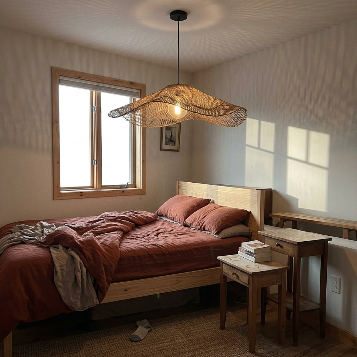 Chapeau Modern Rattan Ceiling Light in bedroom, open rattan weave keeping the glow soft beside the nightstand in place of a table lamp