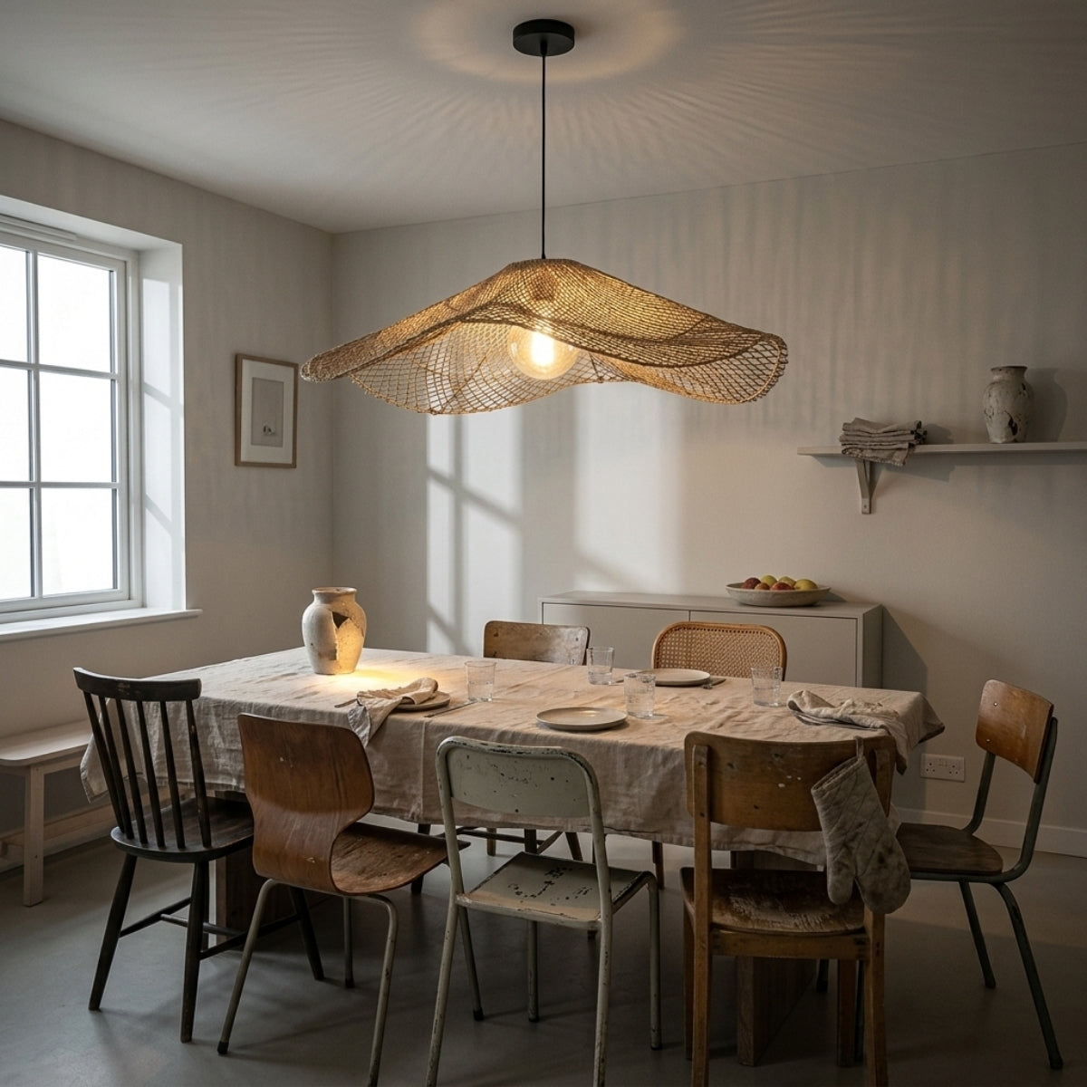 Chapeau Modern Rattan Ceiling Light above dining table, wave shade covering a six-seat table without glare across the surface at eye level