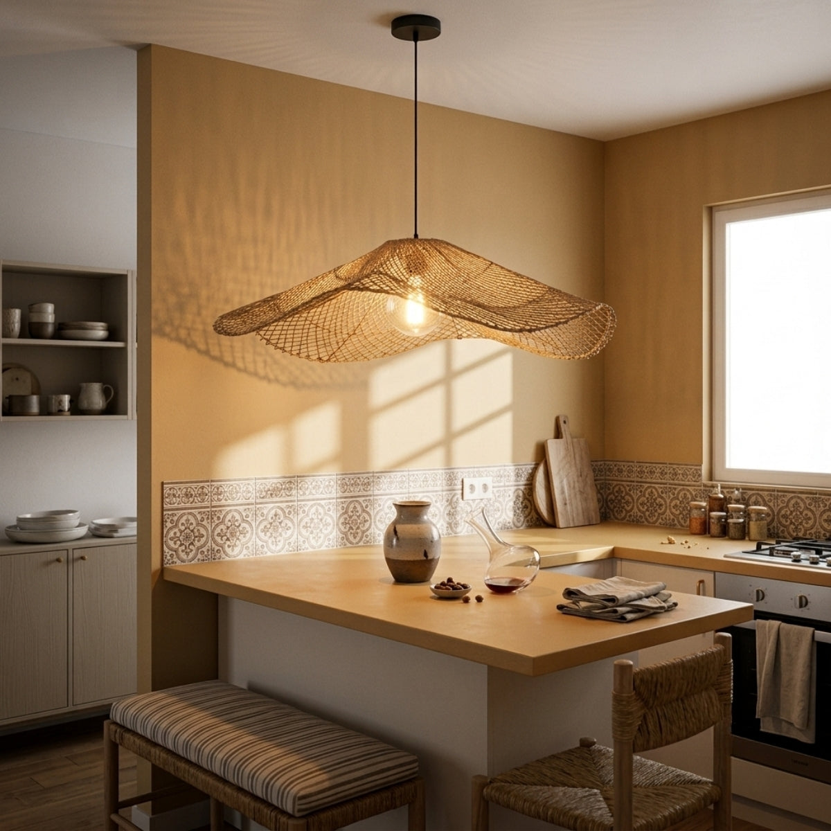 Chapeau Modern Rattan Ceiling Light over kitchen island, clustered wave-leaf shades spreading bright even light across the work surface for food prep
