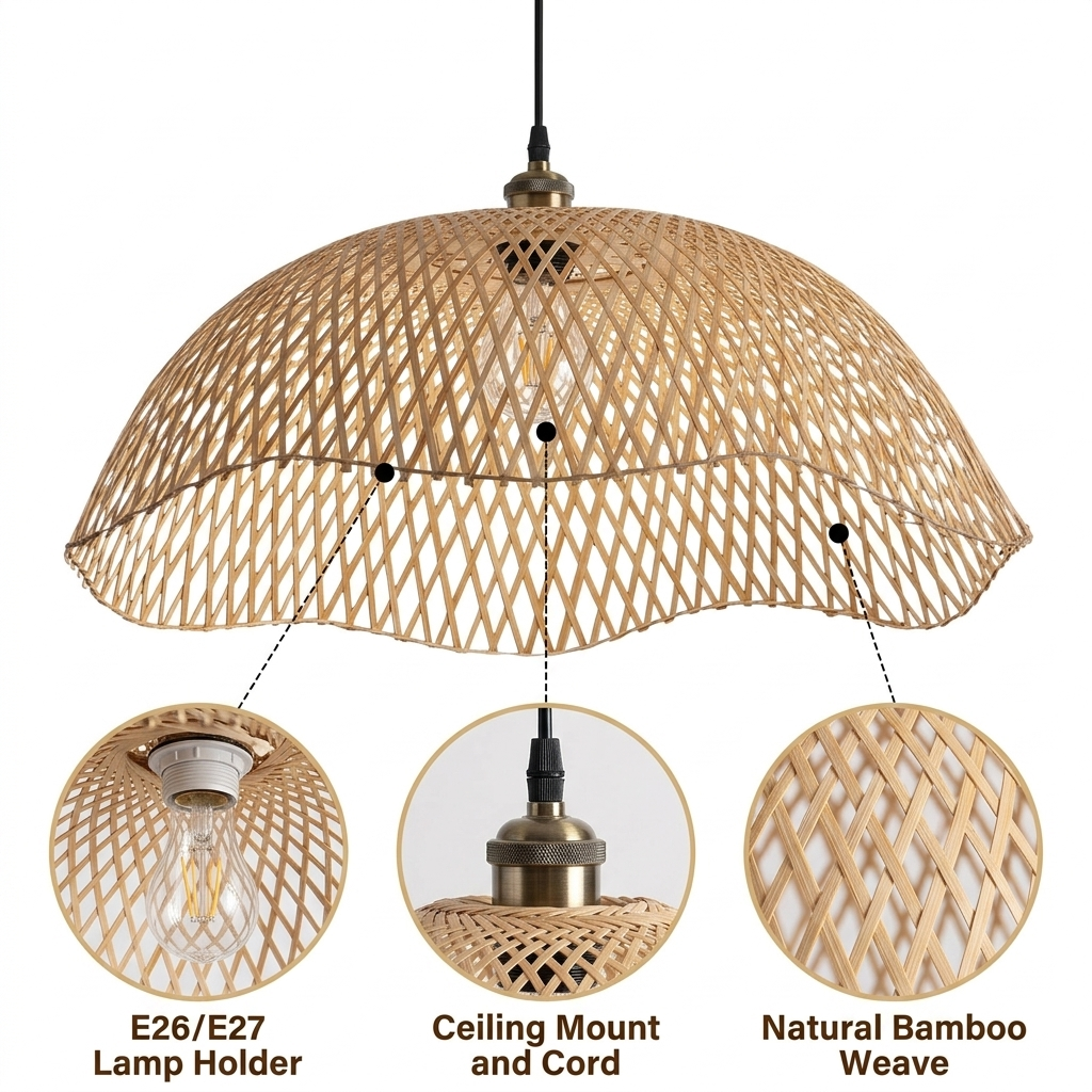 Chenkui Scallop Woven Bamboo Pendant Light Shade with open diamond lattice weave, beige matte finish, adjustable cord hanging, one E26 socket casting rippling ambient shadow