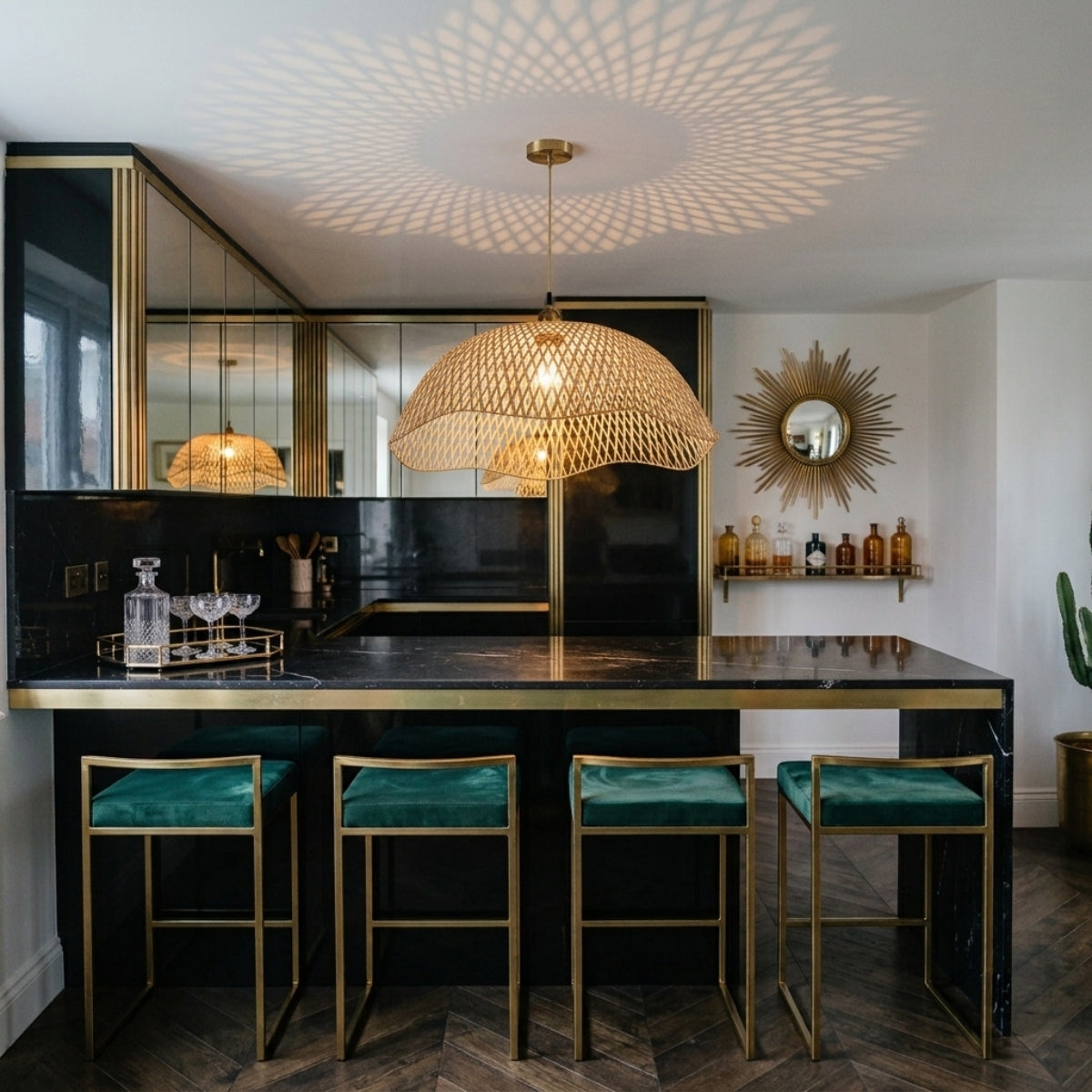 Chenkui Scallop Woven Bamboo Pendant Light Shade over kitchen island, lined-up domes giving even task light across the counter for food prep