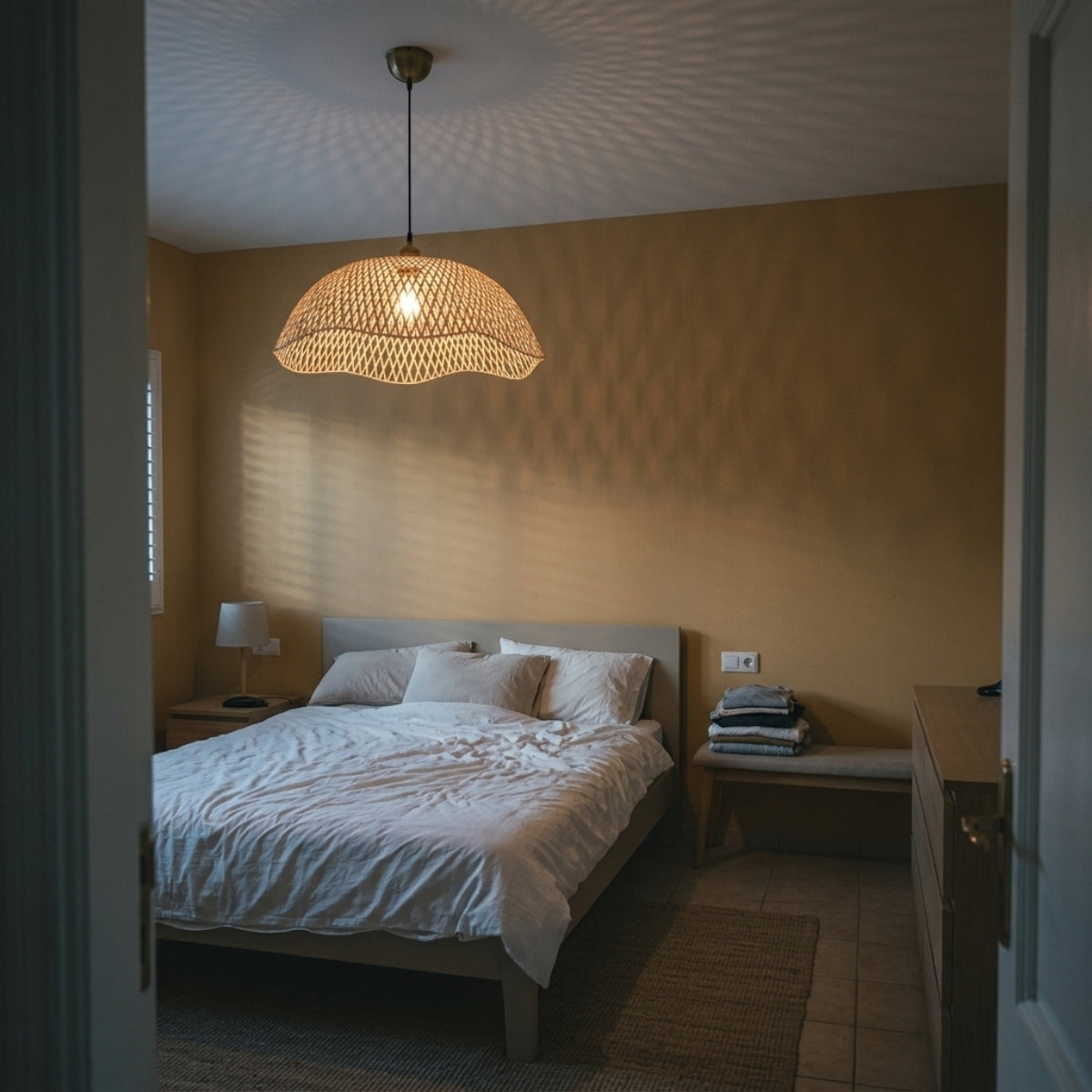 Chenkui Scallop Woven Bamboo Pendant Light Shade in bedroom, compact dome hung at pillow height throwing warm light without crowding the side table