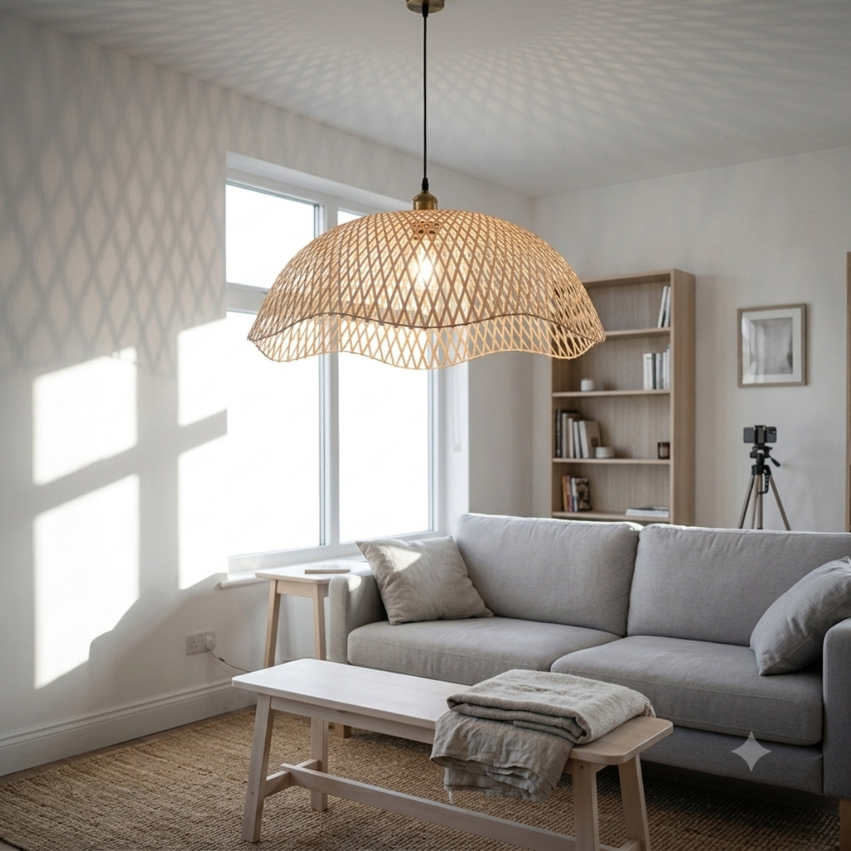 Chenkui Scallop Woven Bamboo Pendant Light Shade in living room, wide shallow dome staying clear of sightlines as a centerpiece over the coffee table