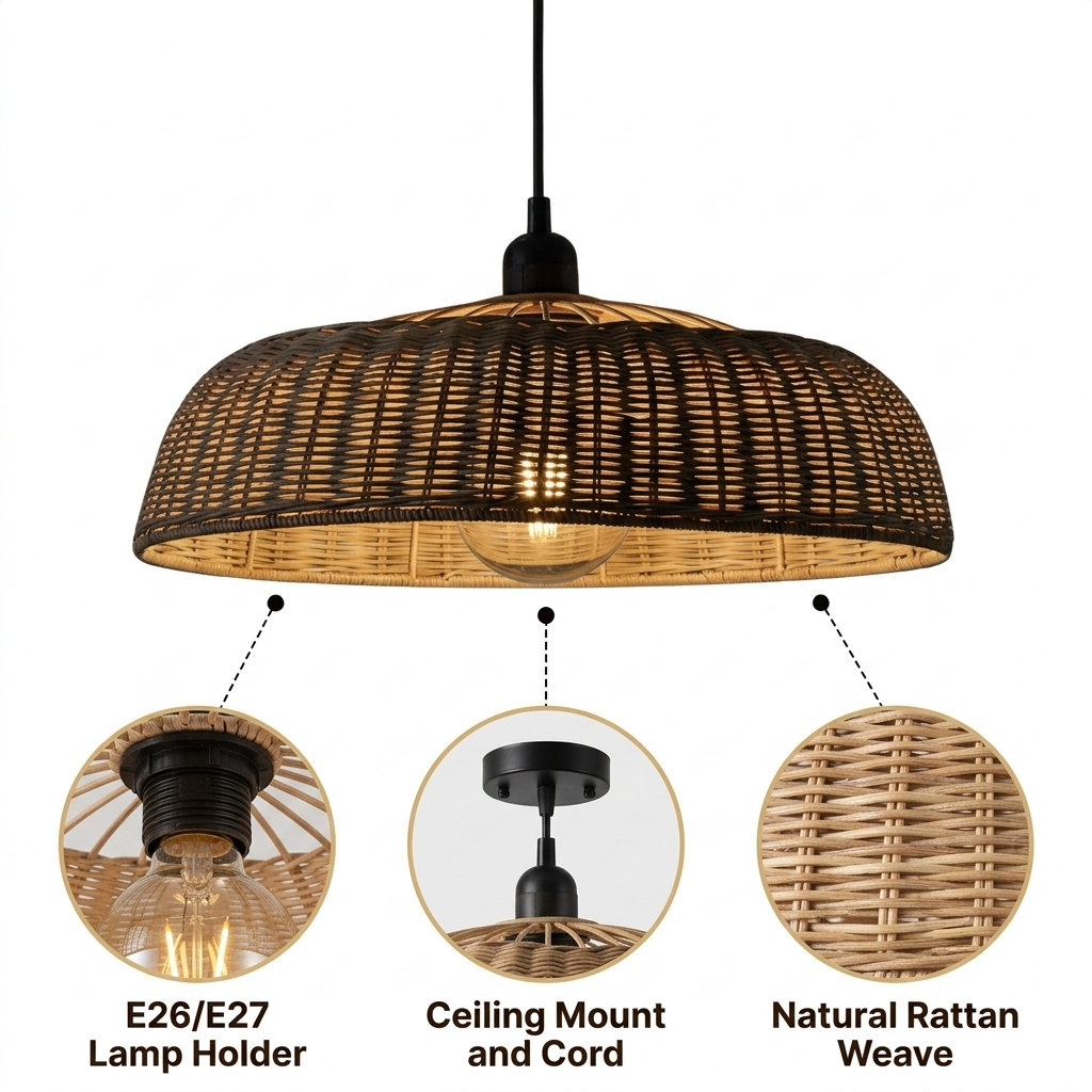 Chinesque Dome Woven Rattan Pendant Light with tight basket-weave honeycomb texture, natural matte finish, adjustable cord hanging, one E26 socket for soft diffused glow