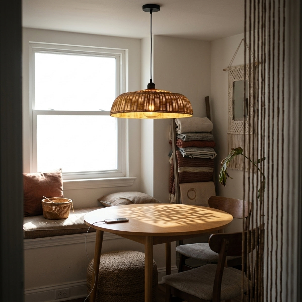 Chinesque Dome Woven Rattan Pendant Light above dining table, wide dome suiting a standard table without blocking sightlines across the surface