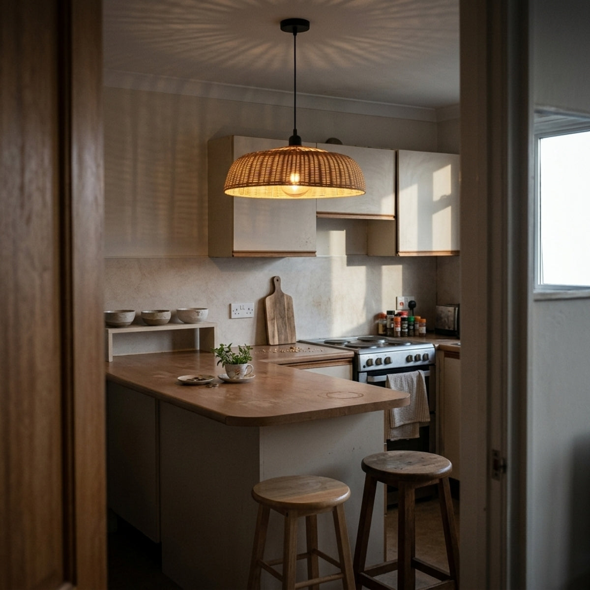 Chinesque Dome Woven Rattan Pendant Light over kitchen island, small domes throwing even light across the counter while scattering glare during prep