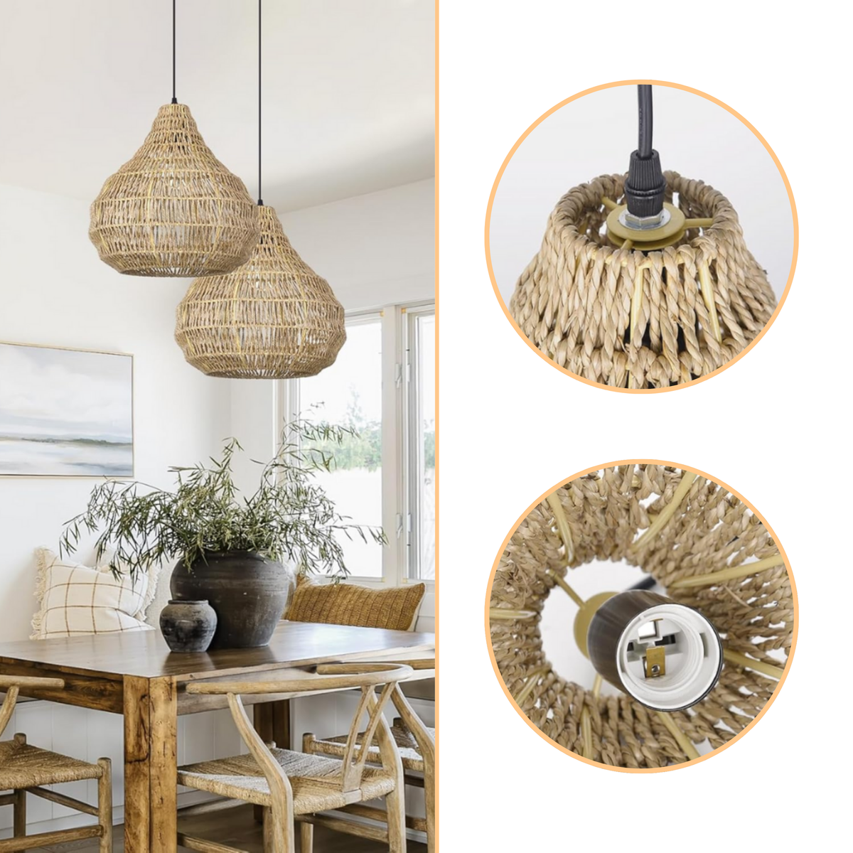 Coco Wabi Sabi Wicker Pendant Light with open basket jute weave, natural matte finish, adjustable cord hanging, one E26 socket casting delicate rippling shadow patterns