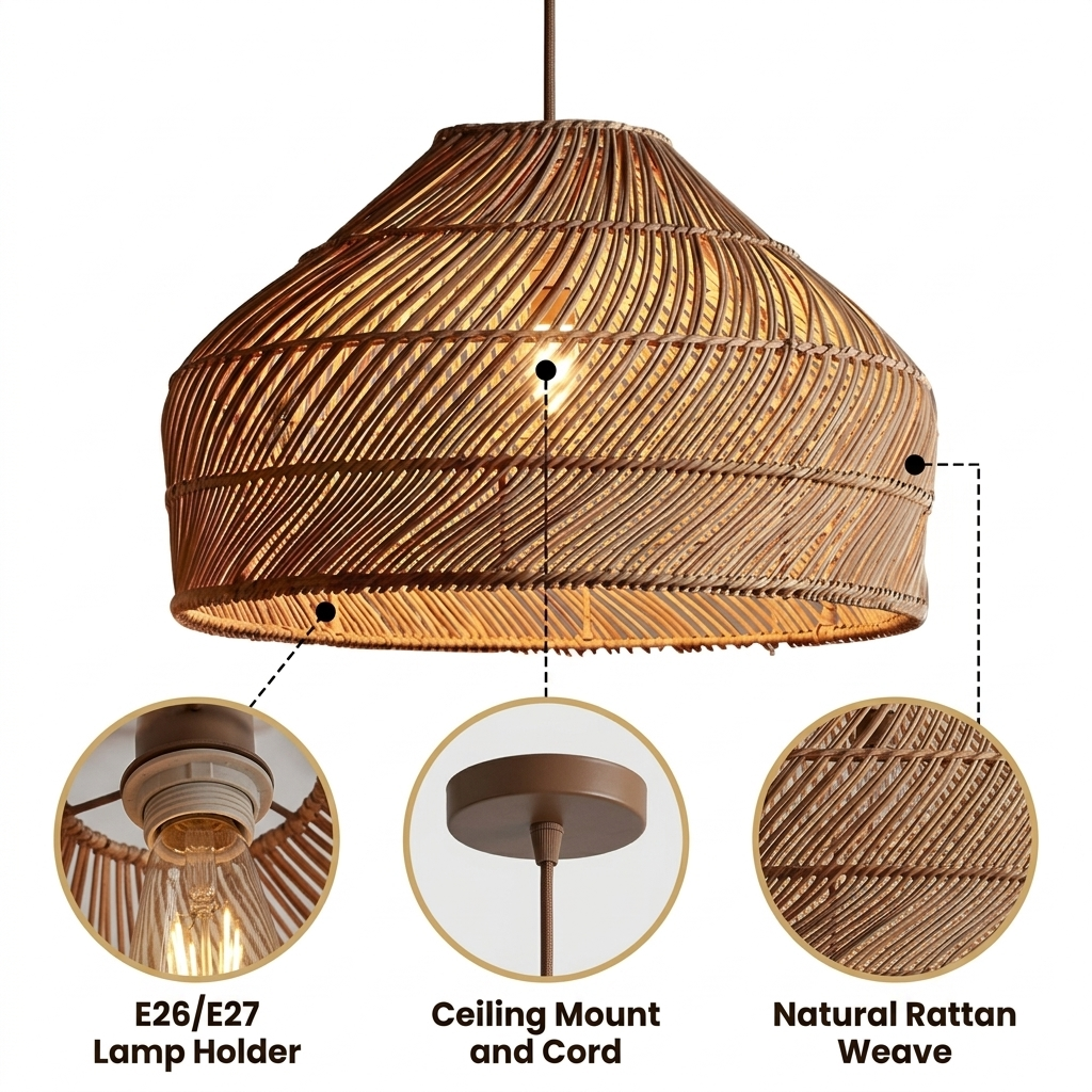 Cocoa Dome Rattan Pendant Light with three-tiered dense wicker weave and horizontal banding, natural matte finish, adjustable cord hanging, one E26 socket for diffused glow