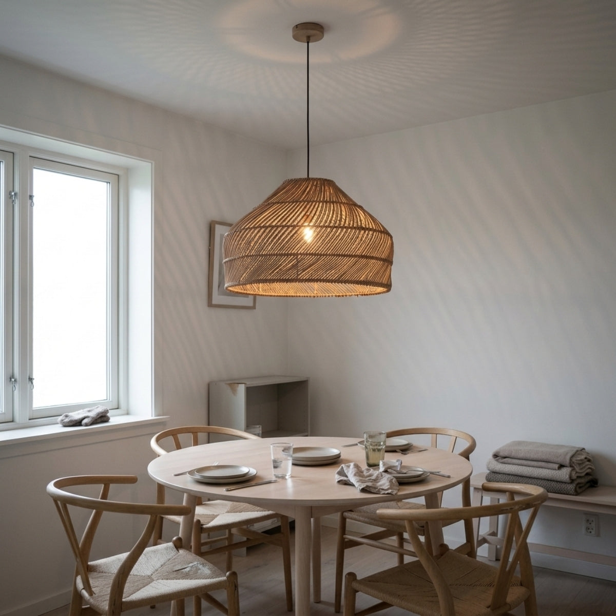 Cocoa Dome Rattan Pendant Light above dining table, tiered weave softening the bulb into an even glow across the tabletop without crowding sightlines
