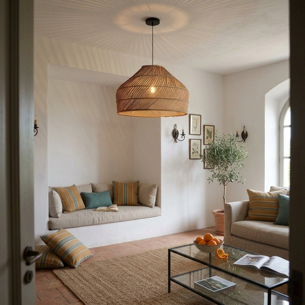 Cocoa Dome Rattan Pendant Light in living room, woven centerpiece layering ambient shadows across the seating area above the coffee table