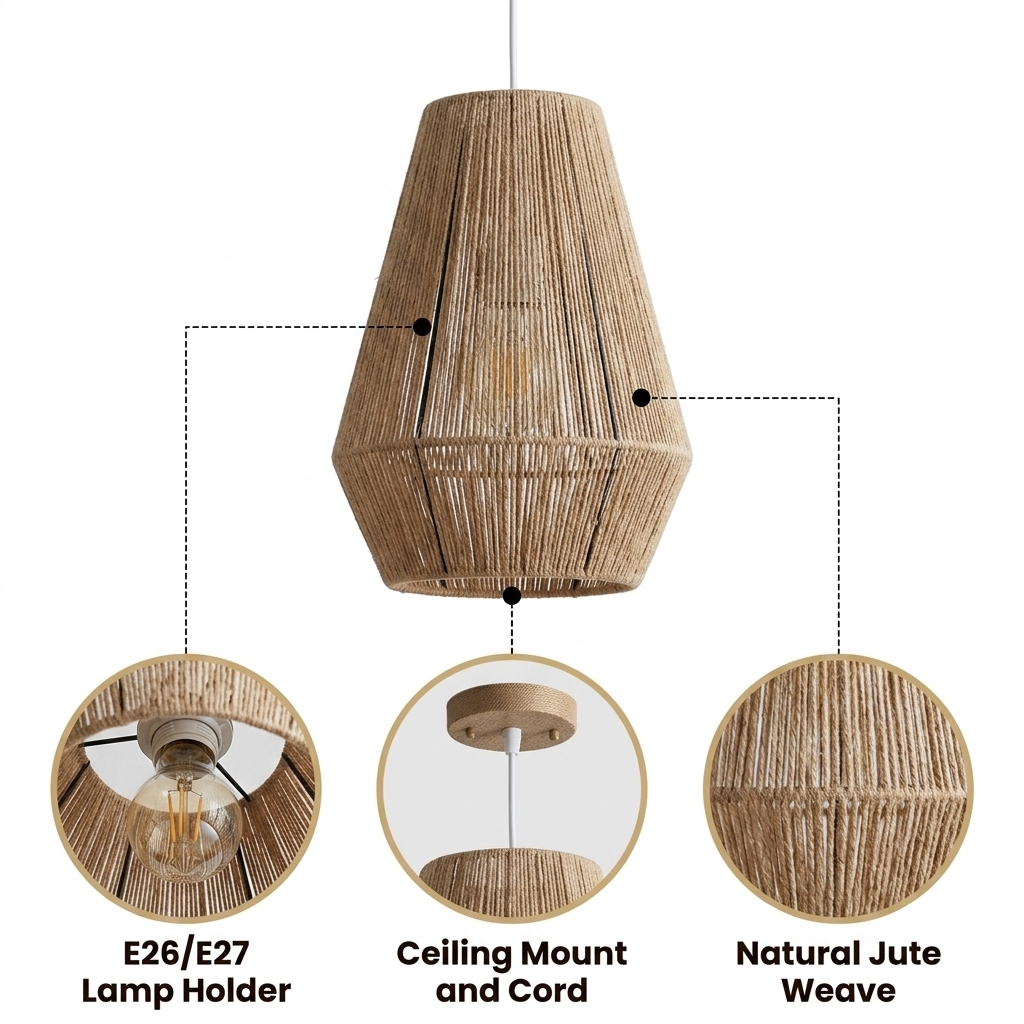 Collins Wabi Sabi Small Basket Pendant Light with dense horizontal jute weave, natural and black matte finish, adjustable cord hanging, one E26 socket for diffused glow