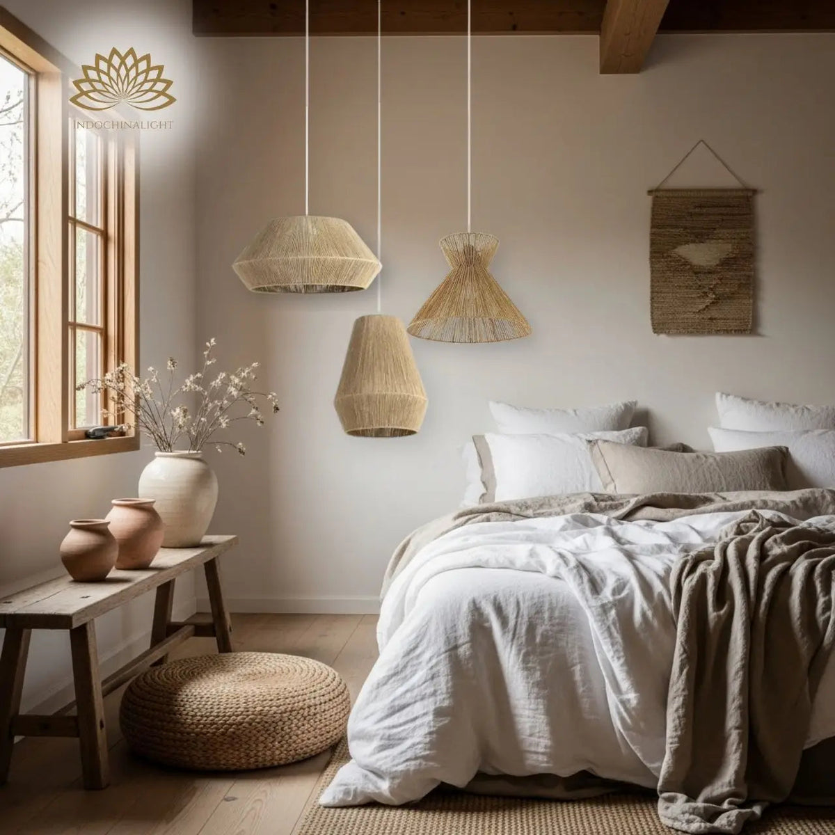 Collins Wabi Sabi Small Basket Pendant Light in bedroom, balanced bell shade sitting close to the mattress for reading light without crowding shelving