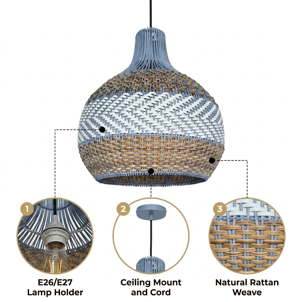 Courtland Blue Rattan Pendant Light with tri-color blue brown and white wicker basket weave, adjustable cord mount, one E26 socket for warm ambient glow
