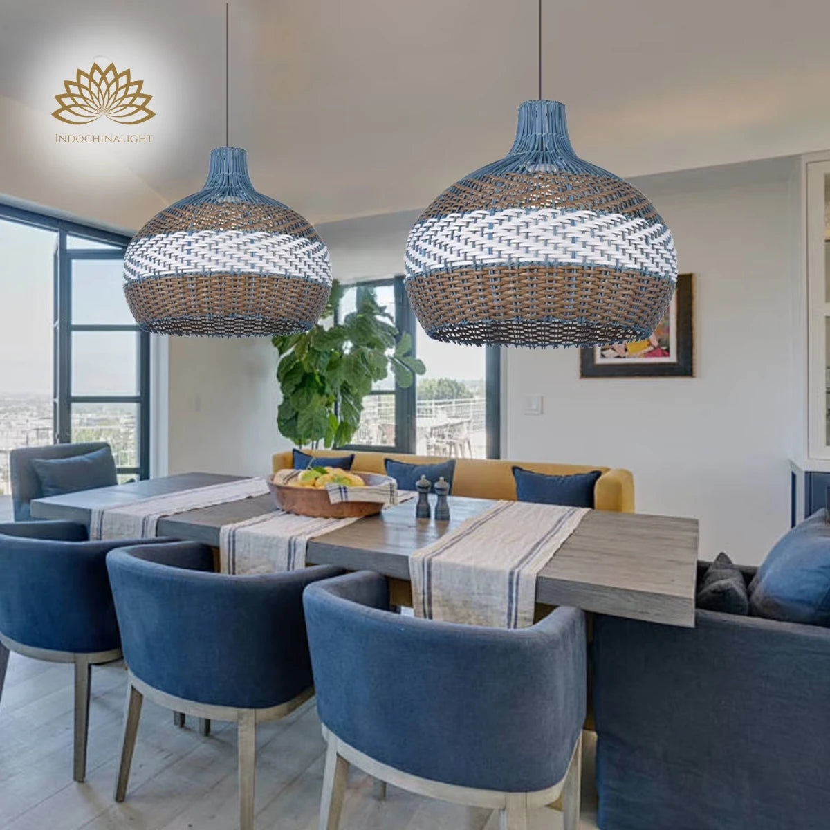 courtland-blue-rattan-pendant-light-above-dining-table