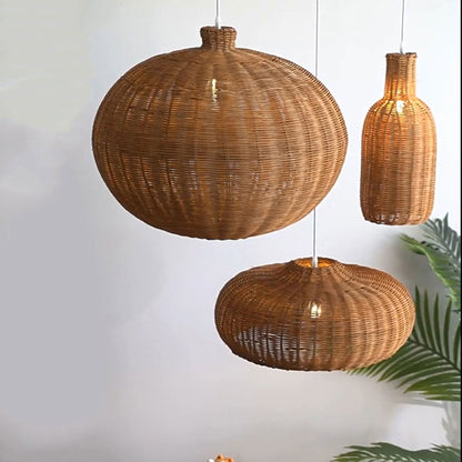 Set 3 Vintage Small Rattan Pendant Light Fixtures