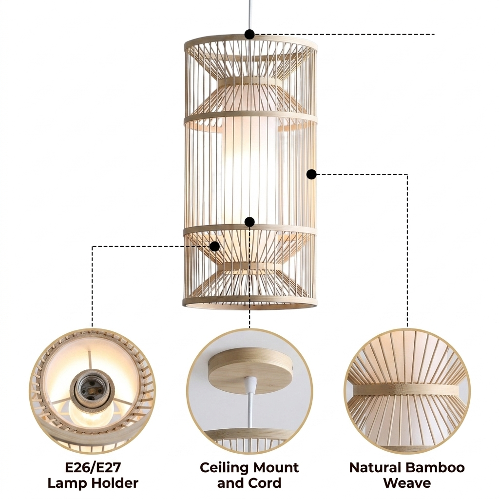 Cylindra Hourglass Bamboo Pendant Light with diamond-lattice woven bands, open cylindrical center, adjustable cord mount, one E26 socket in natural matte finish