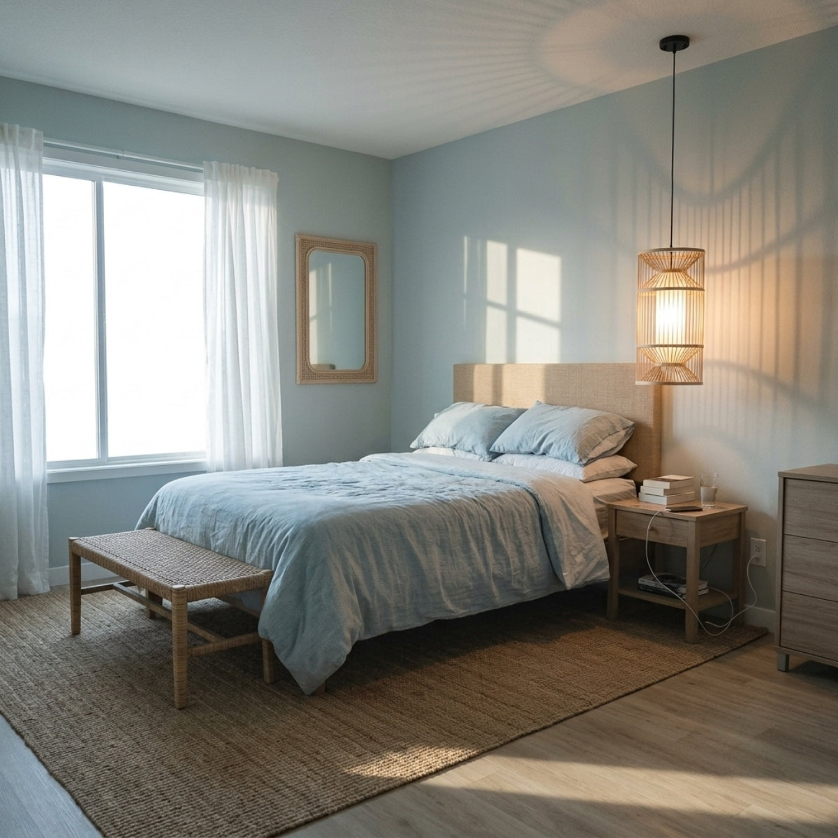 Cylindra Hourglass Bamboo Pendant Light in bedroom, slender bamboo hourglass hung beside the nightstand casting warm light without crowding the pillow area