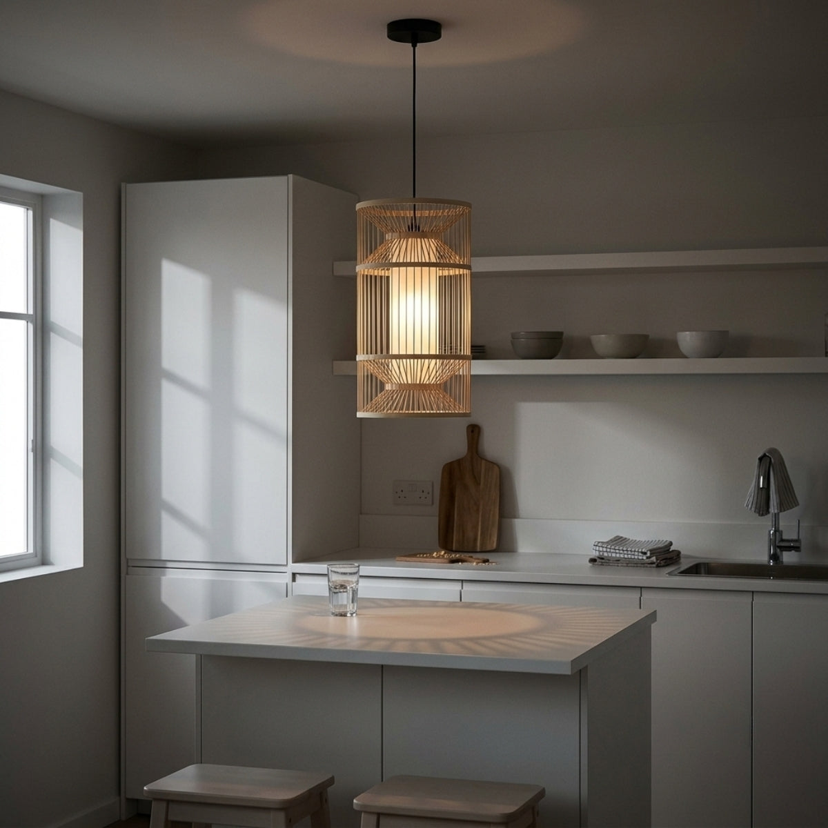 Cylindra Hourglass Bamboo Pendant Light over kitchen island, narrow hourglass shades clustered 24 to 30 inches apart keeping sightlines open across the counter