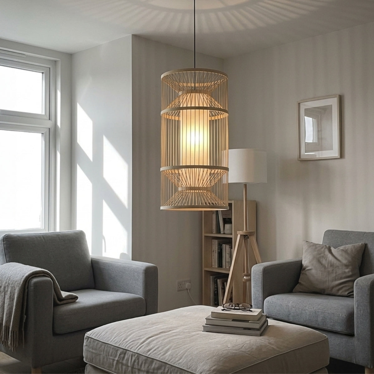 Cylindra Hourglass Bamboo Pendant Light in living room, hourglass silhouette centered over the coffee table with diamond-band shadows kept clear of the sofa