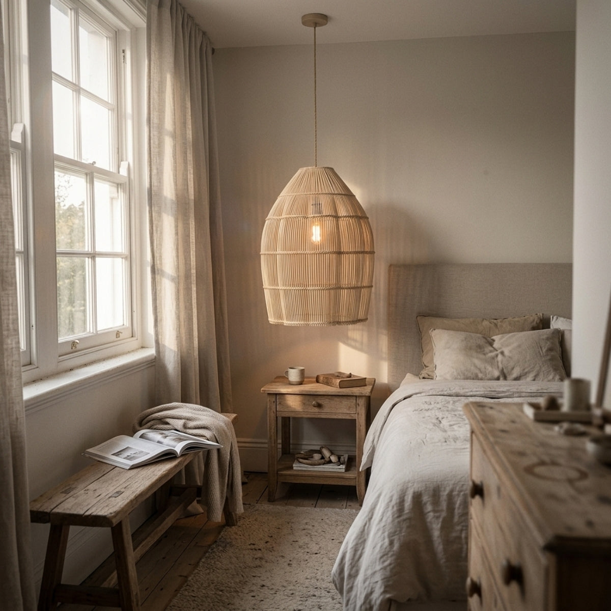 Dankia Coastal Rattan Pendant Light in bedroom, tiered rattan drum hung 20 to 26 inches beside the bed with tight weave keeping the glow soft