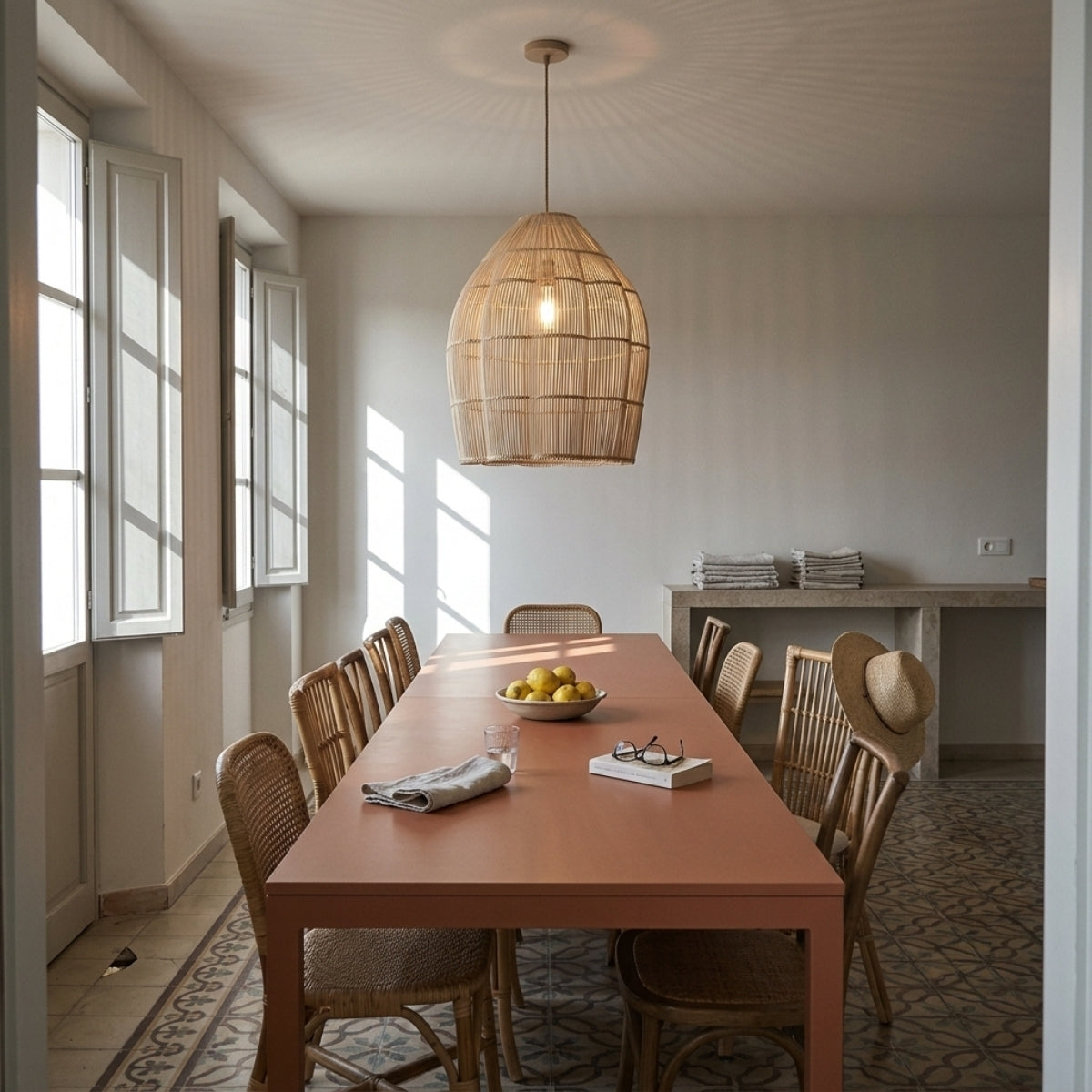 Dankia Coastal Rattan Pendant Light above dining table, tiered rattan drum shading the tabletop with rope-bound weave that avoids glare on seated guests