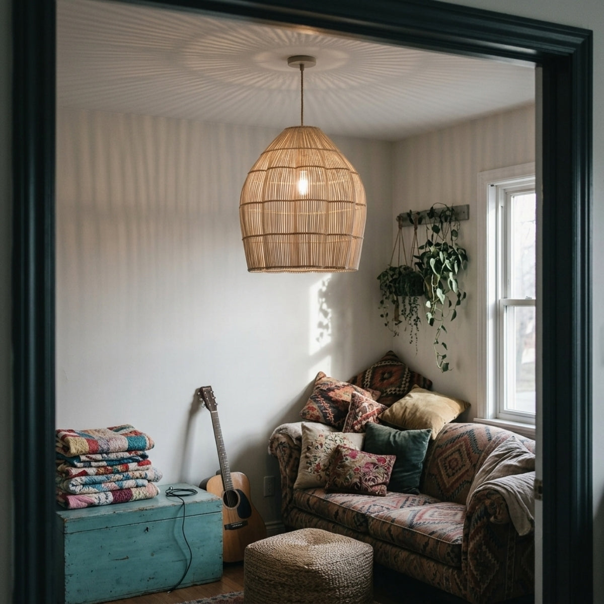 Dankia Coastal Rattan Pendant Light in living room, tall tiered drum standing as a centerpiece over the seating area under an 8 to 9 ft ceiling