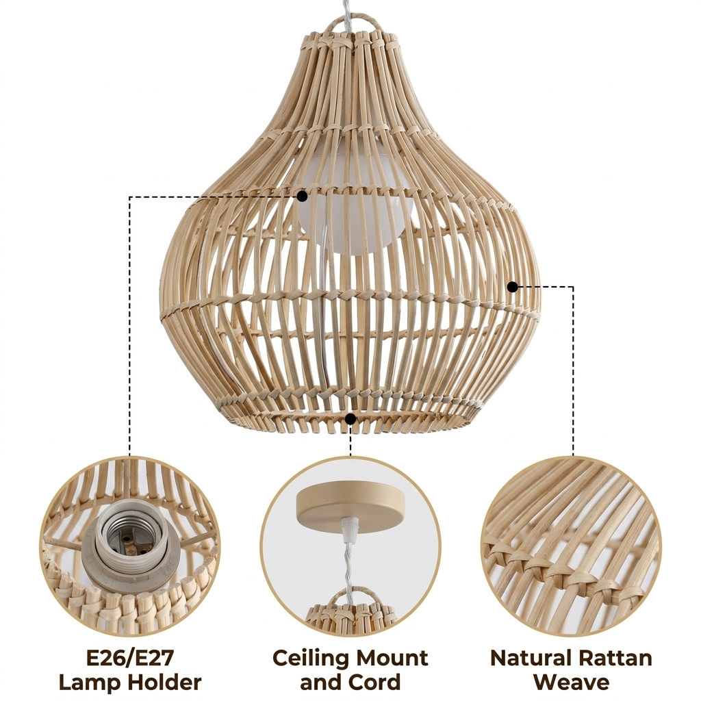 Dari Rattan Pendant Light with open hand-woven rattan strip weave, tapered teardrop dome, adjustable cord mount, one E26 socket, natural matte finish