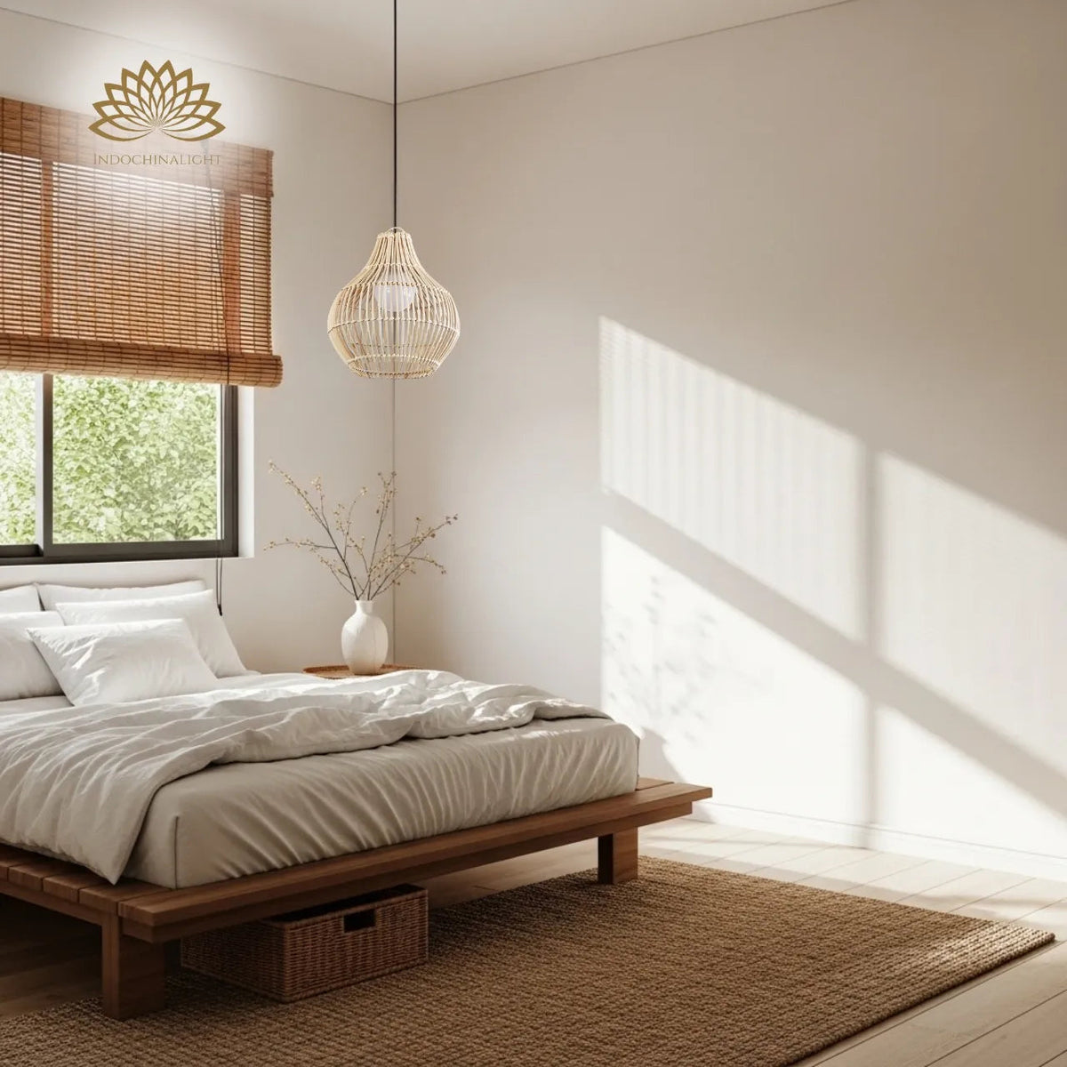 Dari Rattan Pendant Light in bedroom, compact teardrop shade beside the nightstand keeping its open weave glow soft for late reading in bed