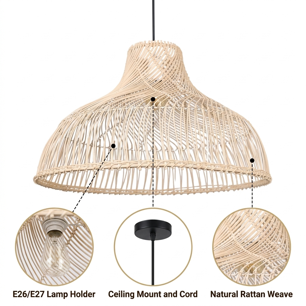 Des Boho Rattan Pendant Light with vertical slat weave, tapered bell dome, adjustable cord mount, one E26 socket, natural matte finish throughout