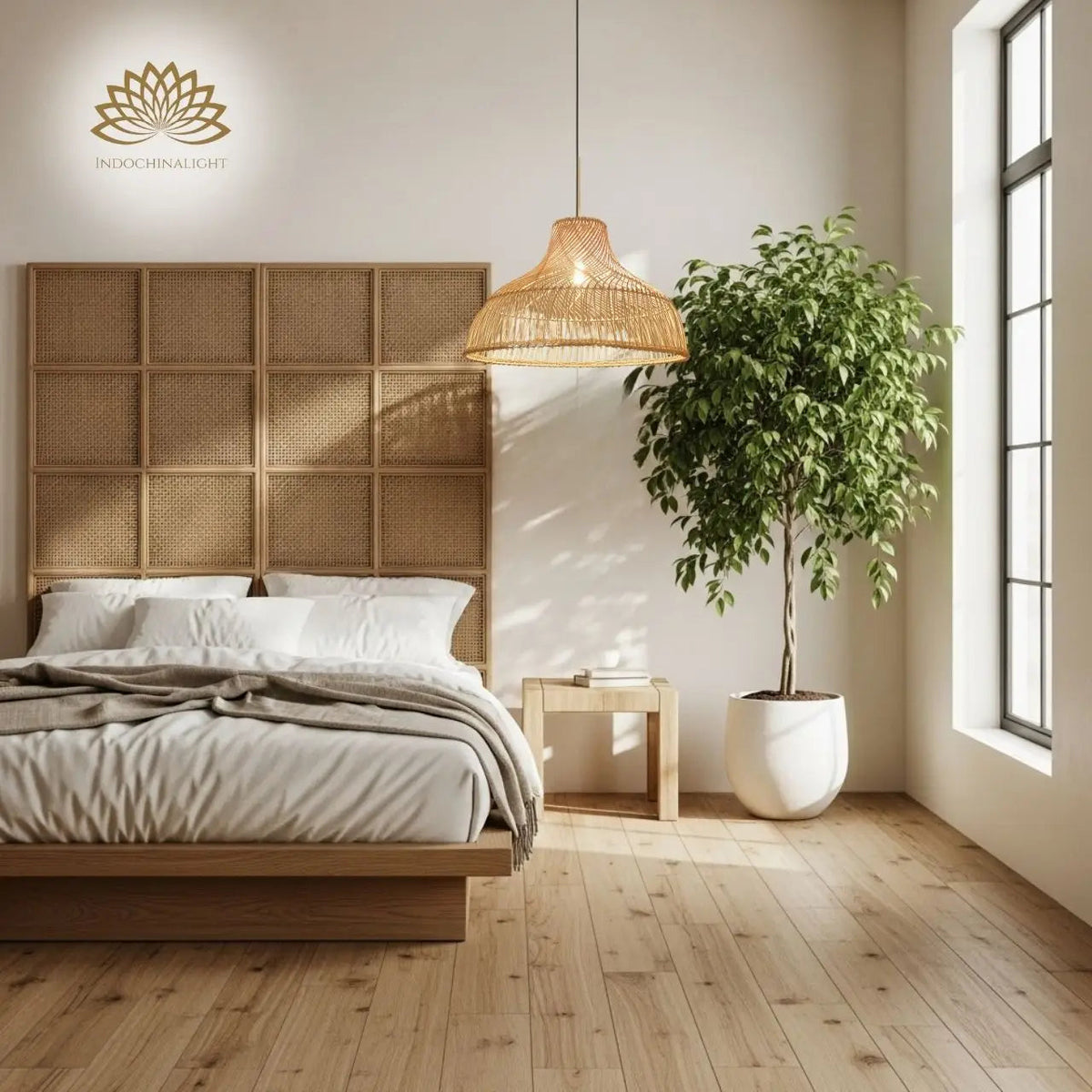 Des Boho Rattan Pendant Light in bedroom, tapered bell dome beside the bed freeing up nightstand surface space in place of a table lamp