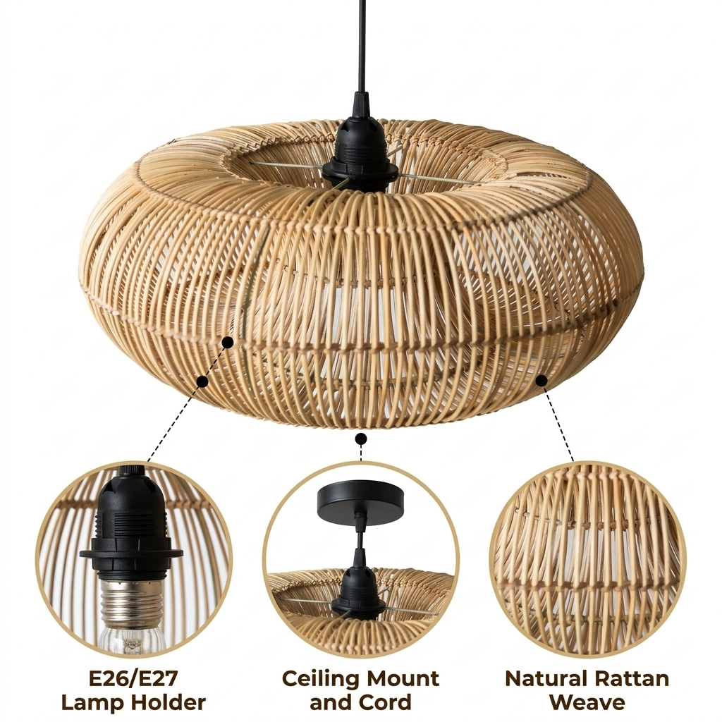 Donut Rattan Round Pendant Light with radial graduated-density basketry weave, low wide ring shape, adjustable cord mount, one E26 socket, natural matte finish