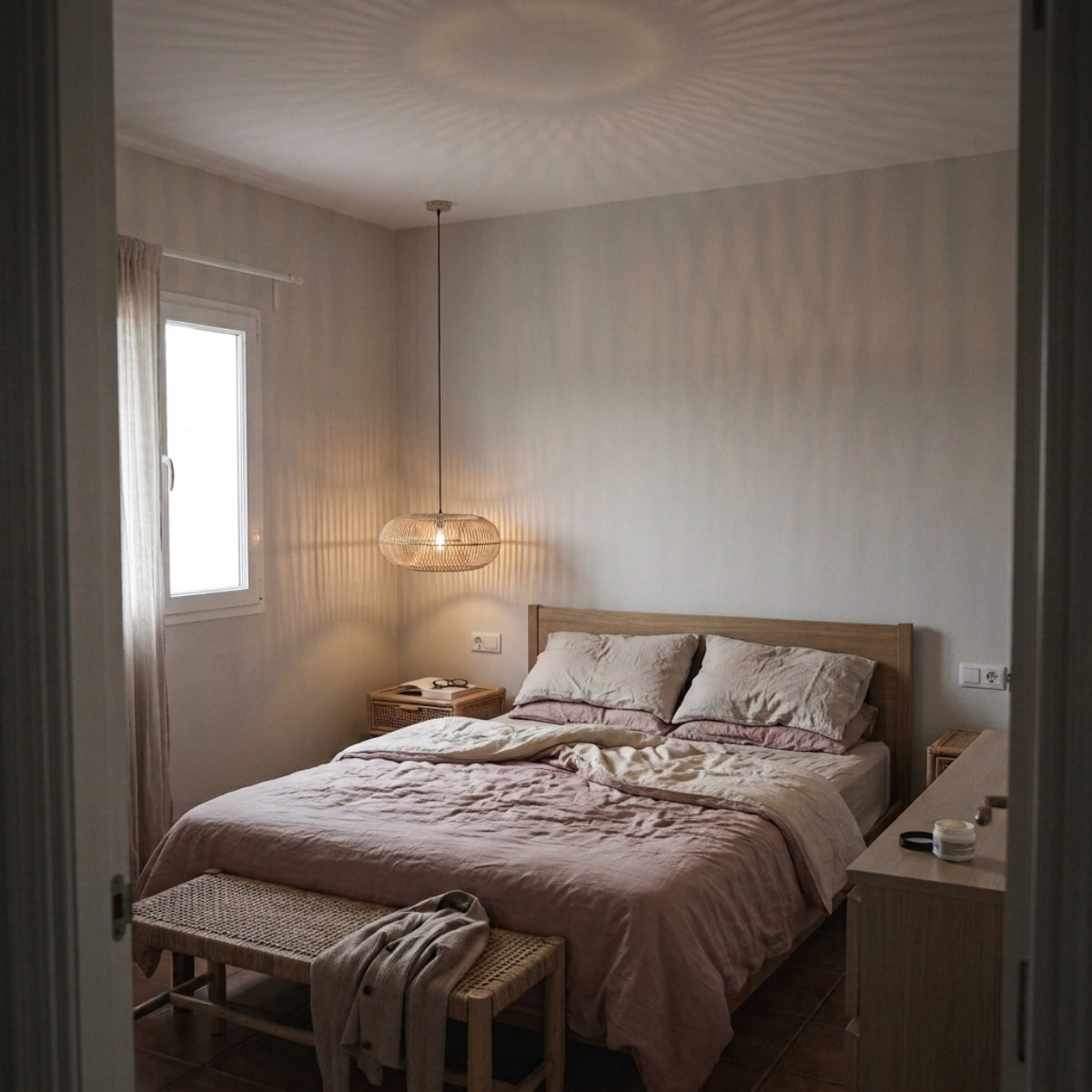 Donut Rattan Round Pendant Light in bedroom, compact woven ring hung above the nightstand keeping the surface clear at a low hang height